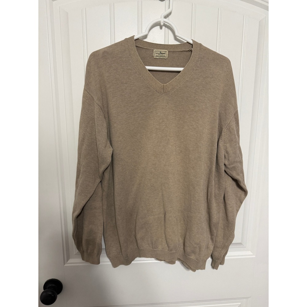 L.L. Bean Sweater Mens XL V-Neck Pullover Solid Tan Long Sleeve Classic EUC